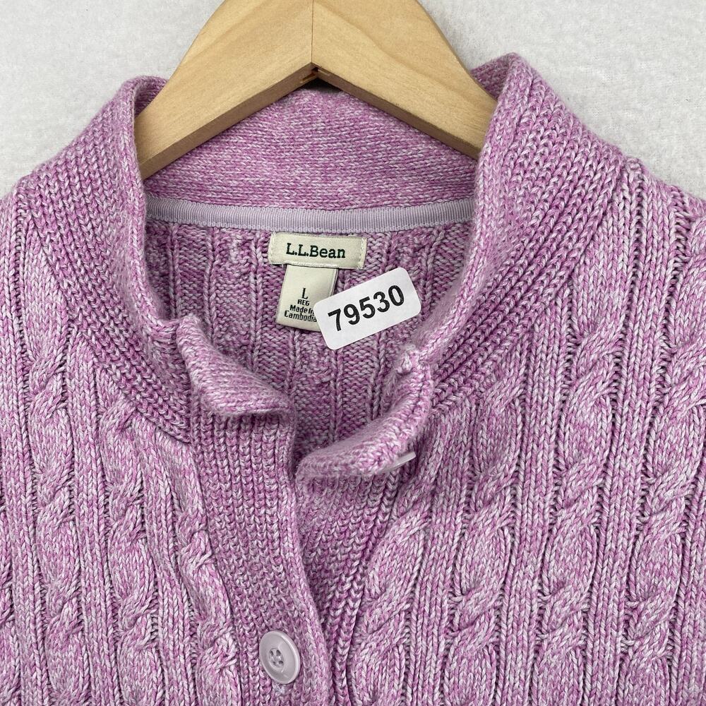 LL BEAN Cardigan Womens L Sweater Button Up Ribbed Cable Knit Cotton Purple - Picture 11 of 11